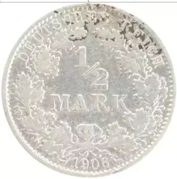Монета 1/2 марки Германии 1906 года Серебро E