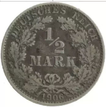 Монета 1/2 марки Германии 1906 года Серебро E
