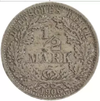 Монета 1/2 марки Германии 1906 года Серебро A