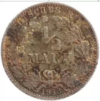 Монета 1/2 марки Германии 1913 года Серебро J