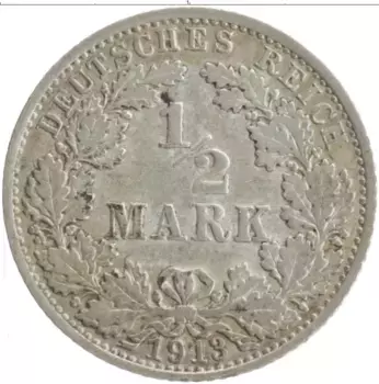 Монета 1/2 марки Германии 1913 года Серебро A