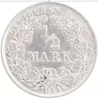 Монета 1/2 марки Германии 1914 года Серебро A