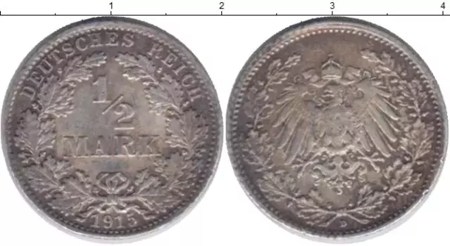 Монета 1/2 марки Германии 1915 года Серебро D
