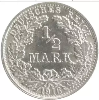 Монета 1/2 марки Германии 1916 года Серебро F
