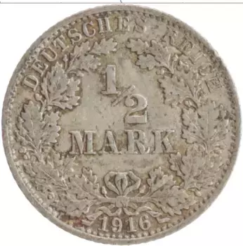Монета 1/2 марки Германии 1916 года Серебро A