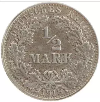 Монета 1/2 марки Германии 1918 года Серебро Е