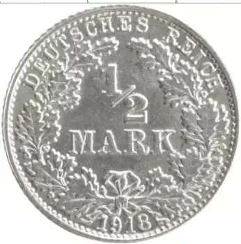 Монета 1/2 марки Германии 1918 года Серебро F