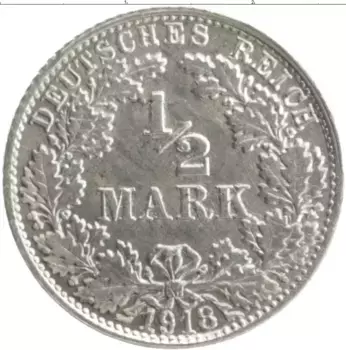 Монета 1/2 марки Германии 1918 года Серебро F