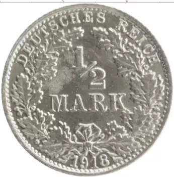 Монета 1/2 марки Германии 1918 года Серебро F