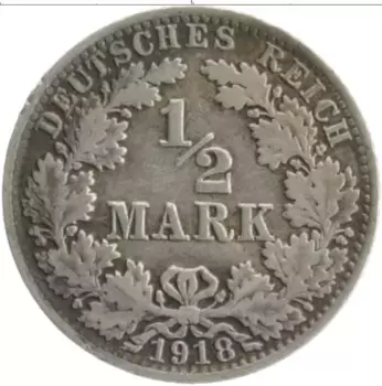 Монета 1/2 марки Германии 1918 года Серебро A