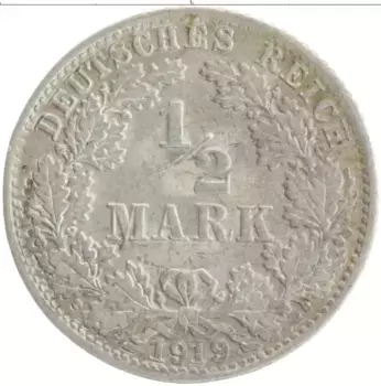 Монета 1/2 марки Германии 1919 года Серебро D