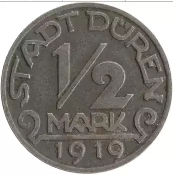 Монета 1/2 марки Германия : Нотгельды 1919 года Железо Дюрен