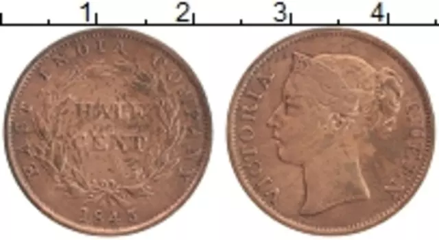 Монета 1/2 пайса Индии 1845 года Бронза Виктория