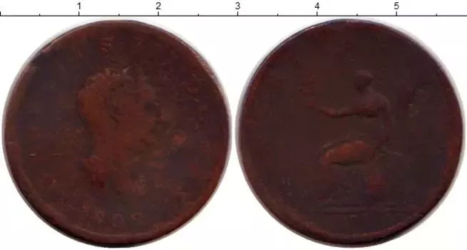 Монета 1/2 пенни Англии 1806 года Медь Георг III