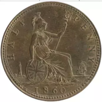 Монета 1/2 пенни Англии 1860 года Бронза Виктория