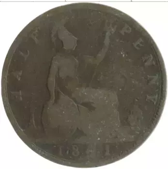 Монета 1/2 пенни Англии 1861 года Бронза Виктория