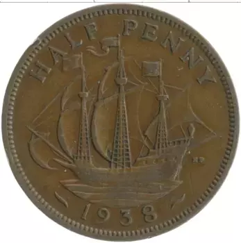 Монета 1/2 пенни Англии 1938 года Бронза Георг VI