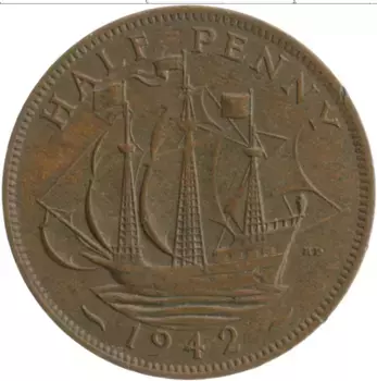 Монета 1/2 пенни Англии 1942 года Бронза Георг VI