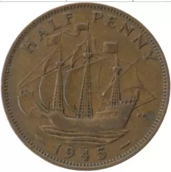 Монета 1/2 пенни Англии 1945 года Медь Георг VI