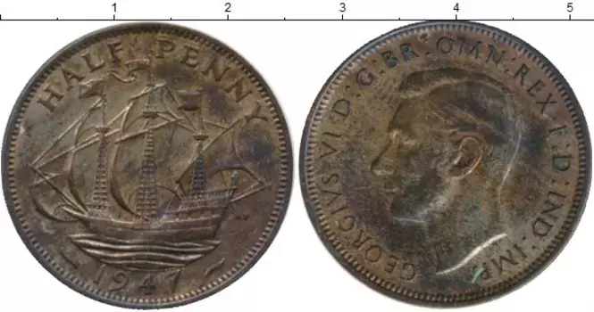 Монета 1/2 пенни Англии 1947 года Бронза Георг VI