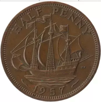 Монета 1/2 пенни Англии 1957 года Медь Елизавета II