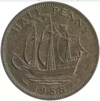 Монета 1/2 пенни Англии 1958 года Бронза Елизавета II
