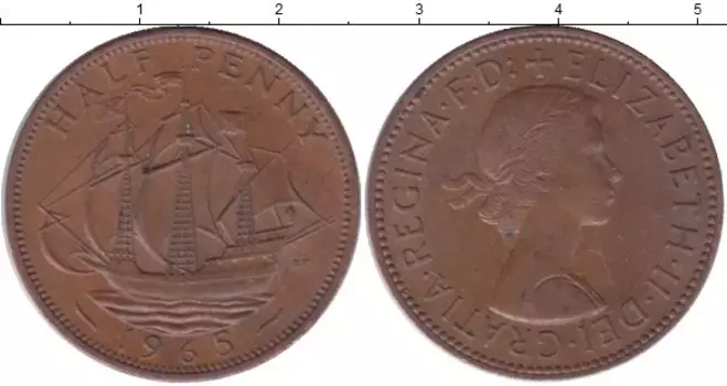 Монета 1/2 пенни Англии 1967 года Медь Королева Елизавета II