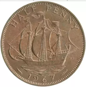 Монета 1/2 пенни Англии 1967 года Бронза