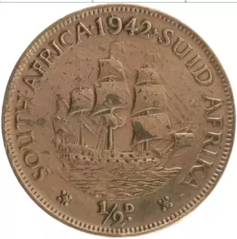 Монета 1/2 пенни Южно Африканской Республики 1942 года Бронза Георг VI