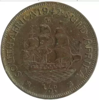 Монета 1/2 пенни Южно Африканской Республики 1942 года Бронза Георг VI