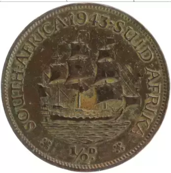 Монета 1/2 пенни Южно Африканской Республики 1943 года Бронза Георг VI