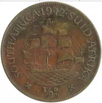 Монета 1/2 пенни Южно Африканской Республики 1942 года Бронза Георг VI