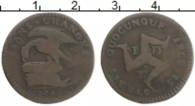 Монета 1/2 пенни Острова Мэн 1733 года Медь