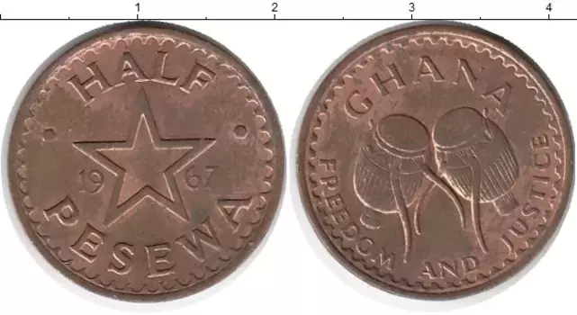 Монета 1/2 песева Ганы 1967 года Бронза Барабаны