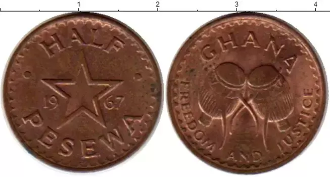 Монета 1/2 песева Ганы 1967 года Бронза Барабаны