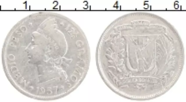 Монета 1/2 песо Доминиканской республики 1937 года Серебро