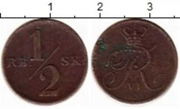 Монета 1/2 скиллинга Дании 1838 года Медь Фредерик VI