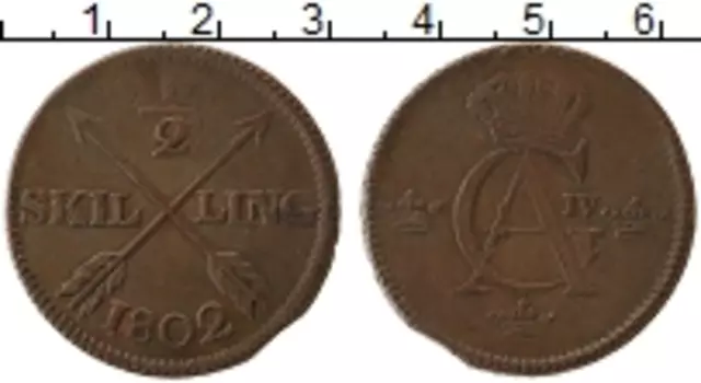 Монета 1/2 скиллинга Швеции 1802 года Медь Карл IV Адольф