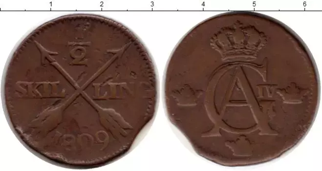 Монета 1/2 скиллинга Швеции 1809 года Медь Густав Адольф IV