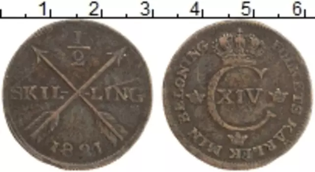 Монета 1/2 скиллинга Швеции 1821 года Медь Карл XIV