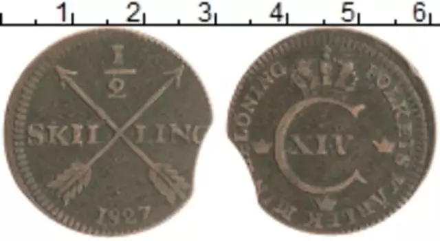 Монета 1/2 скиллинга Швеции 1827 года Медь Карл XIV
