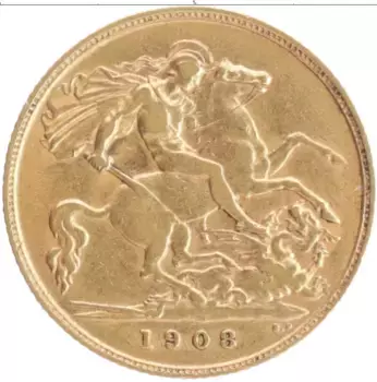 Монета 1/2 соверена Англии 1908 года Золото Эдуард VII KM #804 3,99 грамм, 917 проба 0,1178 OZ