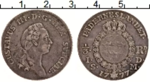 Монета 1/3 ригсдаллера Швеции 1777 года Серебро Густав III