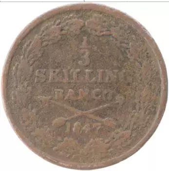 Монета 1/3 скиллинга Швеции 1847 года Медь Оскар I