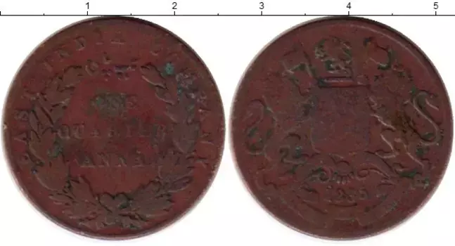 Монета 1/4 анны Индии 1835 года Медь