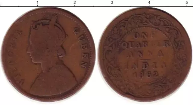 Монета 1/4 анны Индии 1862 года Бронза Виктория