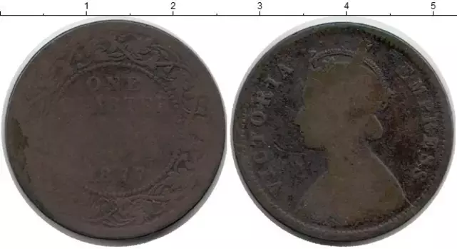 Монета 1/4 анны Индии 1877 года Медь Виктория
