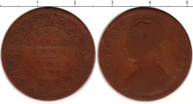 Монета 1/4 анны Индии 1889 года Бронза Виктория
