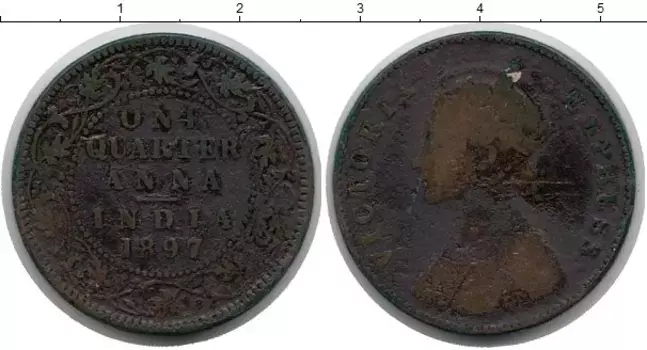 Монета 1/4 анны Индии 1897 года Медь Виктория