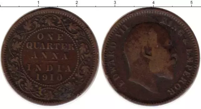 Монета 1/4 анны Индии 1910 года Бронза Эдуард VII